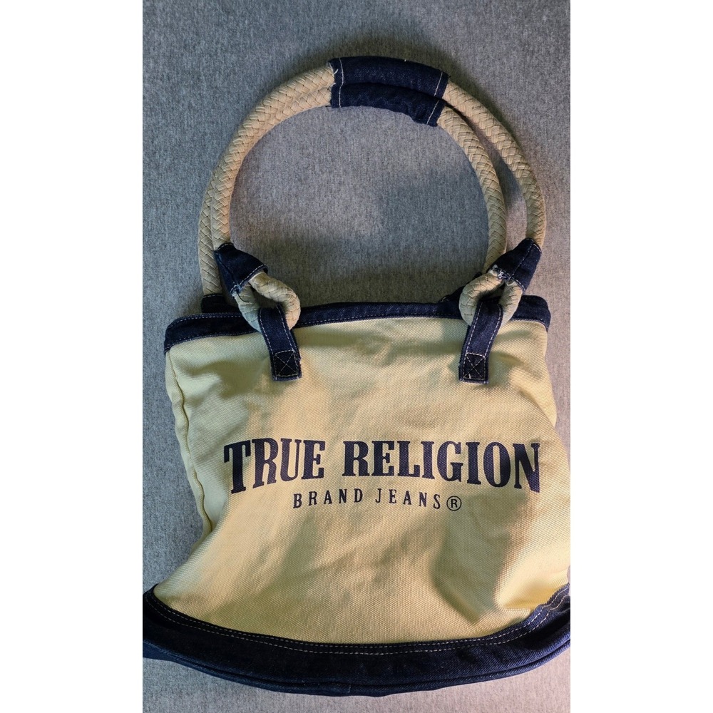 True Religion Canvas Tote Bag Navy Blue Cream Denim Trim Rope Handles Logo Print